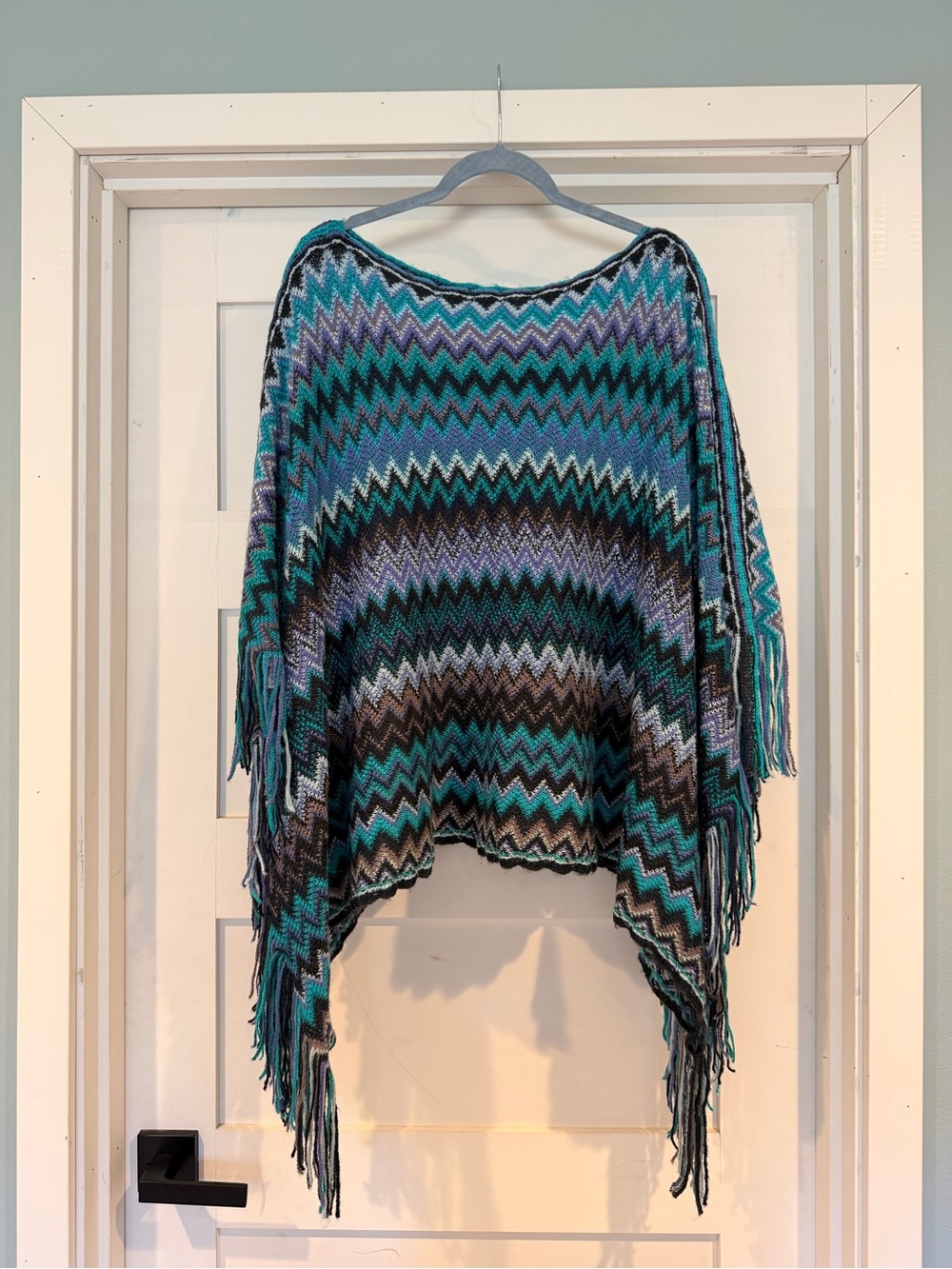 Chevron Fringe Knit Poncho - Teal, Purple, Black Mix - Picture 2 of 4